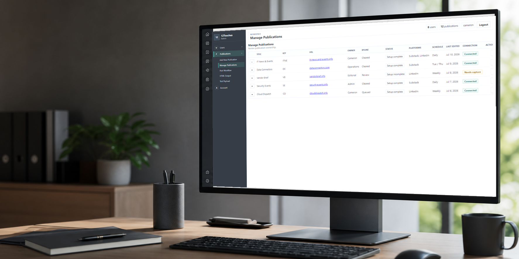 12Touches admin interface displayed on a workstation monitor